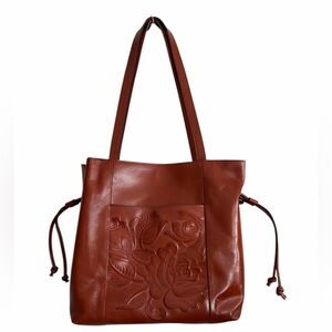 Patricia Nash Everton Tooled Leather Slouch Drawstring Tote‎ Bag Tan Cognac